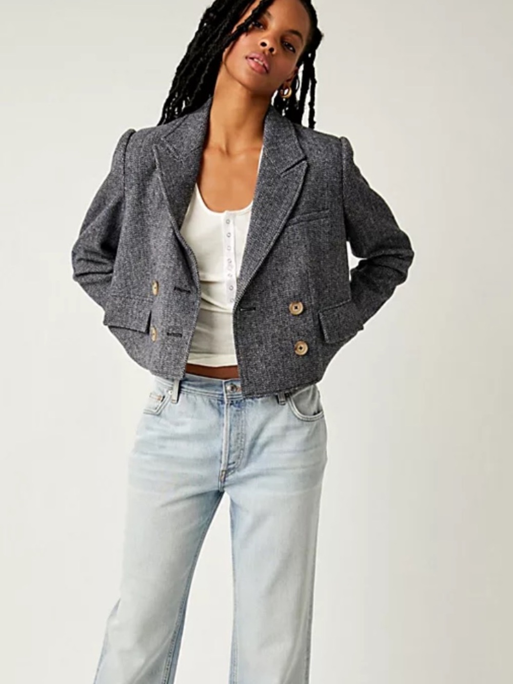 Free People Women's Heritage Double Breasted Crop Wool Blend Blazer Blue XS